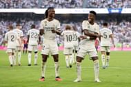 Vinicius Junior of Real Madrid celebrates with Eduardo Camavinga of Real Madrid after scoring a goal at Estadio Santiago Bernabeu. Photo by Florencia Tan Jun/Getty Images